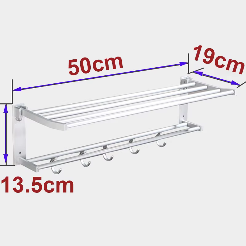Porte-serviettes mural pliable en aluminium mat de 50 cm - Étagère de douche avec crochet, accessoir