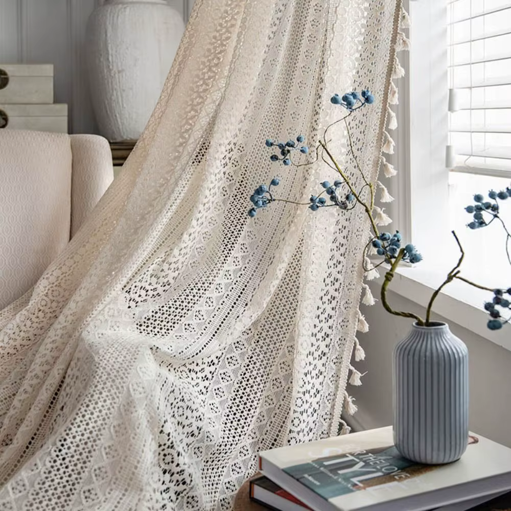 Rideau au crochet translucide pour traitement de fenêtre, rideau en coton beige à glands, rideau cre