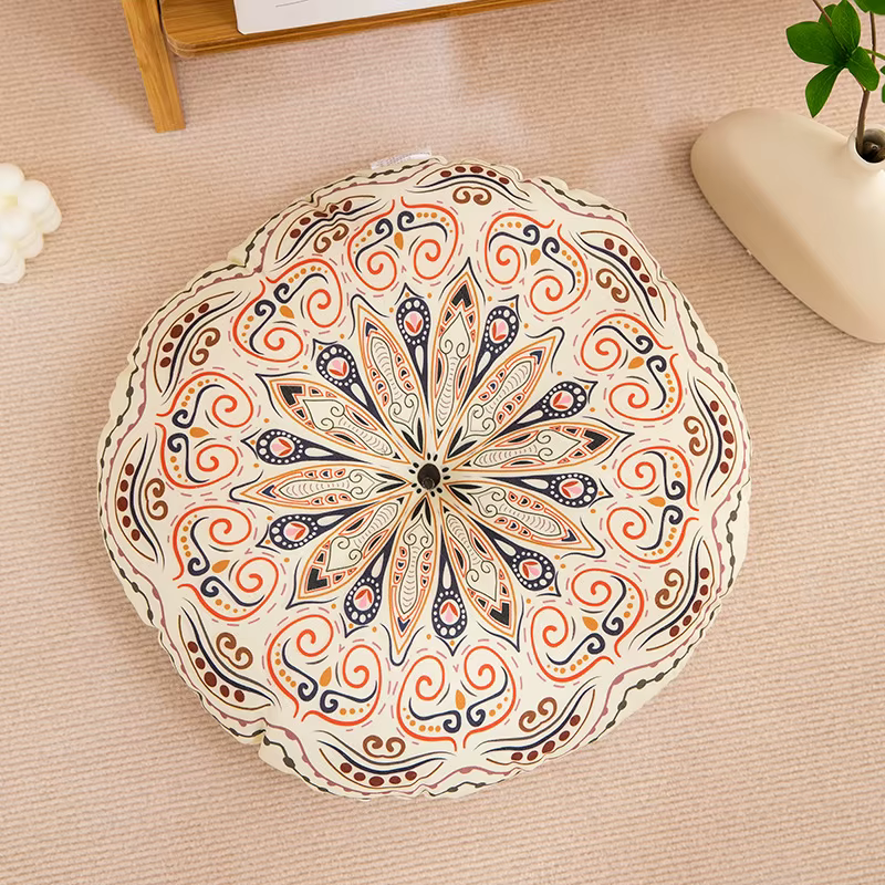 Coussin de chaise rond en coton et lin de Bohême, géométrique, coton et chanvre, méditation de yoga,