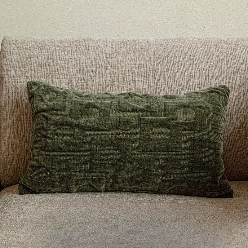 Housse de coussin lombaire de luxe vintage vert, en cuir jacquard texturé moderne, patchwork, pour c