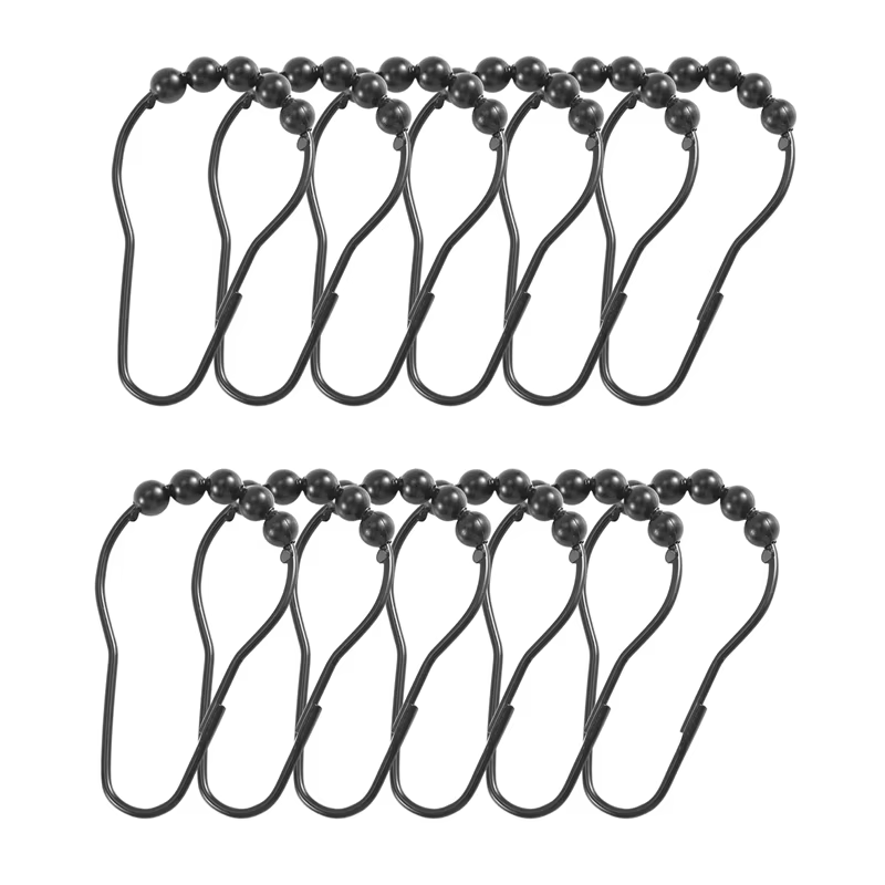 Ensemble de crochets en métal pour rideau de douche, anneaux pour tringles, noir, 12 pièces