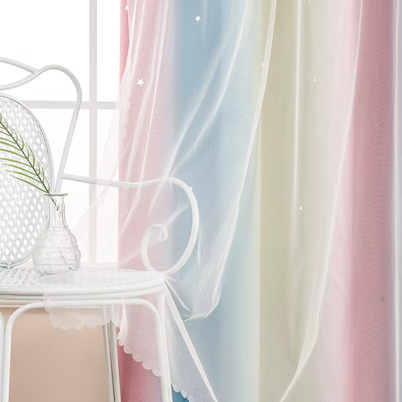 Rideaux perforés Double dégradé bleu rose, rideaux décoratifs pour fenêtre de chambre d'enfant, étoi