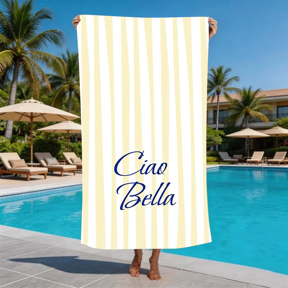 Serviette de plage rayée avec imprimé « Ciao Bella », design avec phrases italiennes, pour hommes et