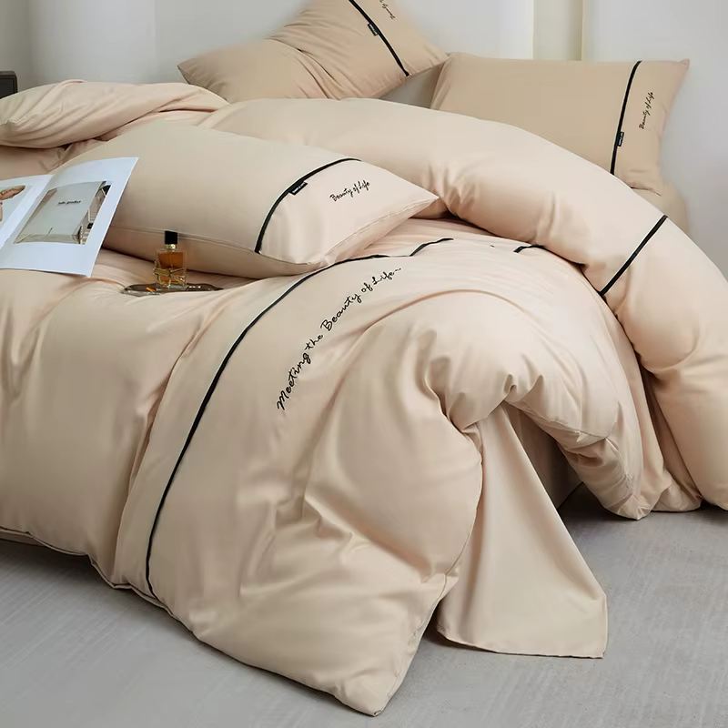 Nouvel ensemble de draps et de draps-housses 4 pièces en coton lavé doux pour la peau, couleur unie,