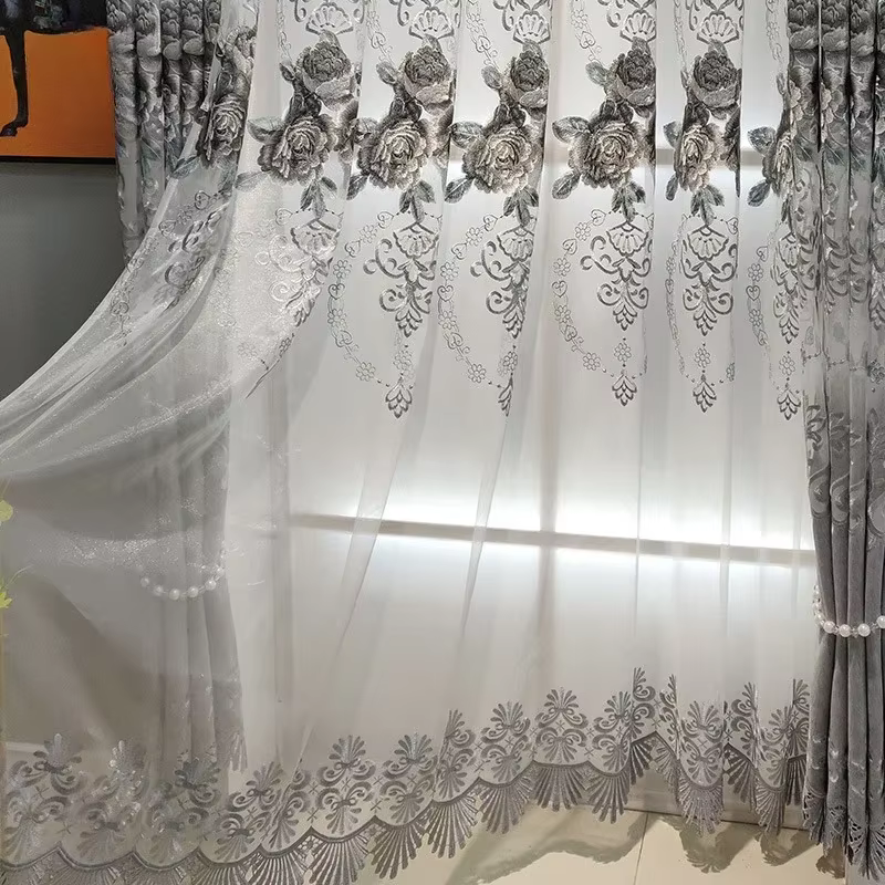 Rideaux brodés exquis de Style européen pour salon, rideaux décoratifs en Chenille bleue et grise de