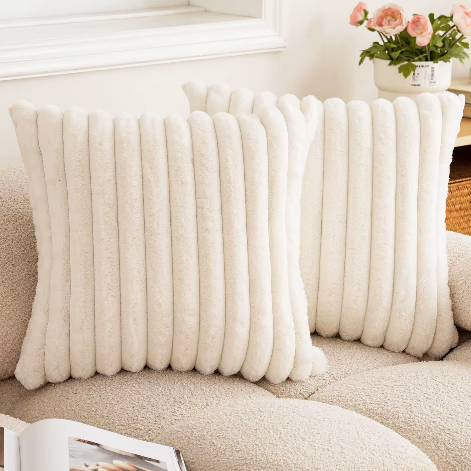 Housse de coussin carrée en fausse fourrure de lapin, 40x40 45x45, nouvelle grande rayure épaisse, S