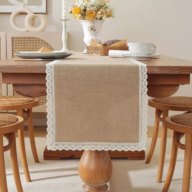 Chemin de Table en lin naturel, décoration de vacances et de mariage, nappe en dentelle, drapeau de 