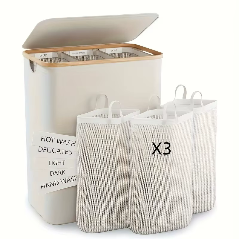 Panier à linge Extra Large de 160l avec couvercle, sacs intérieurs à 3 grilles, poignées de panier à