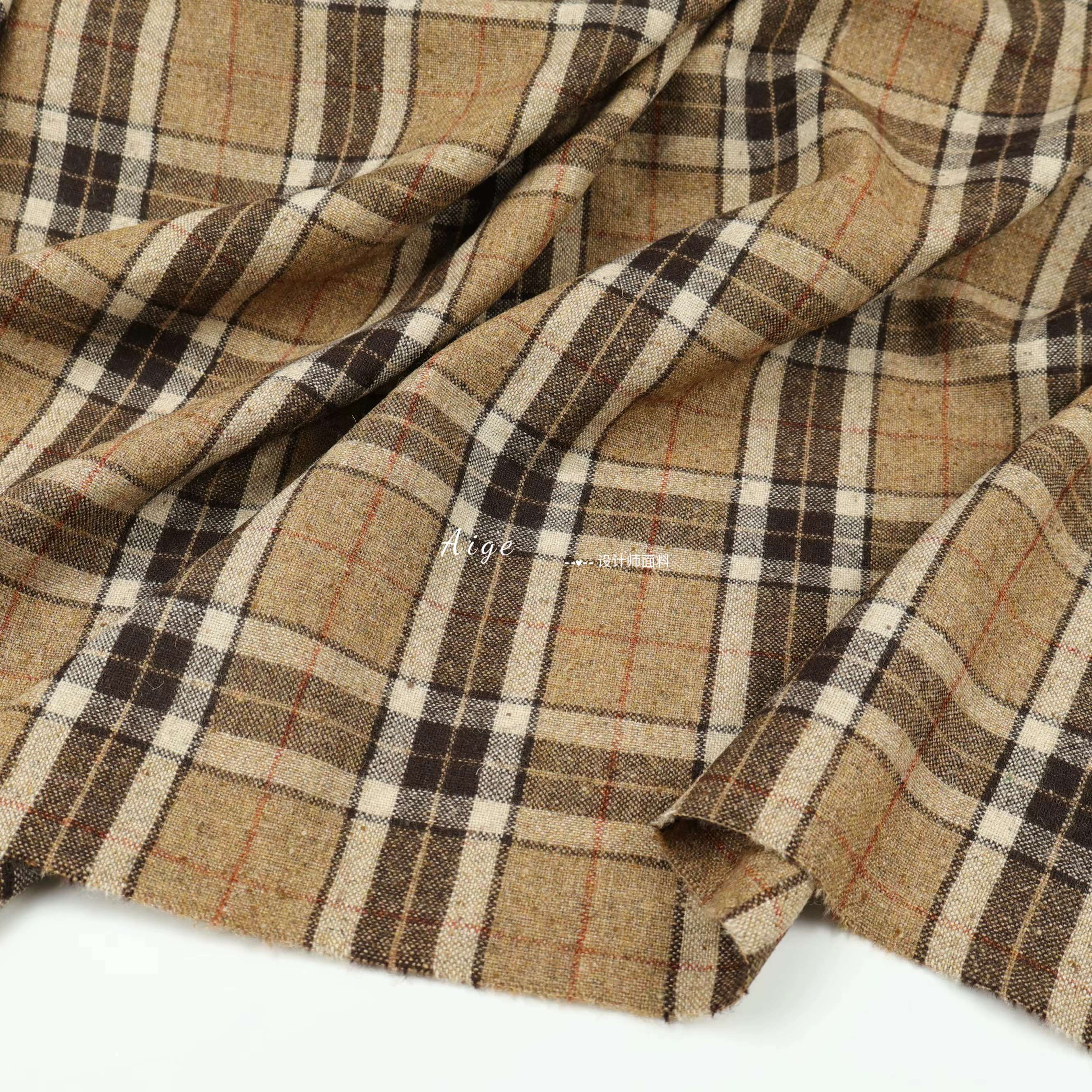 Tissu Tweed à carreaux 100% laine avec points colorés, Style académique classique Camel pour jupe de