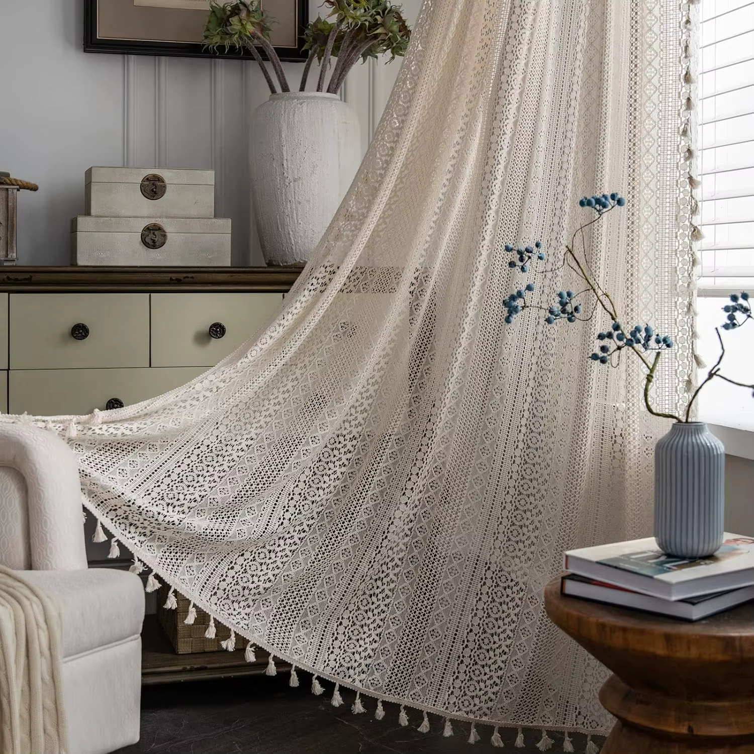 Rideaux Boho en dentelle au Crochet, semi-transparents, tricotés creux, pompons faits à la main, poc