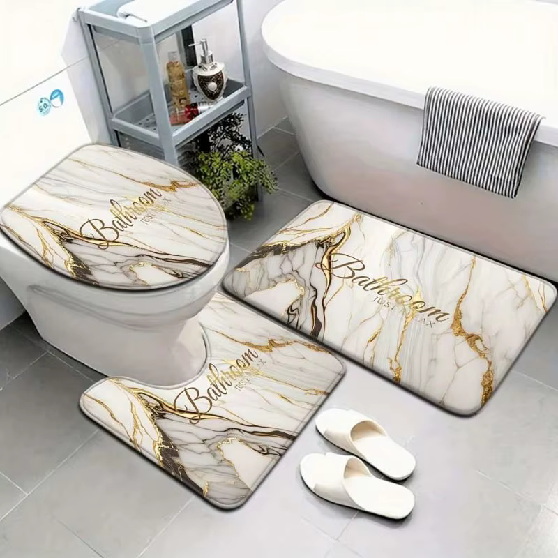 Ensemble de tapis de salle de bain 3-en-1 en marbre moderne VIKAMA, forte absorption d'eau, antidéra