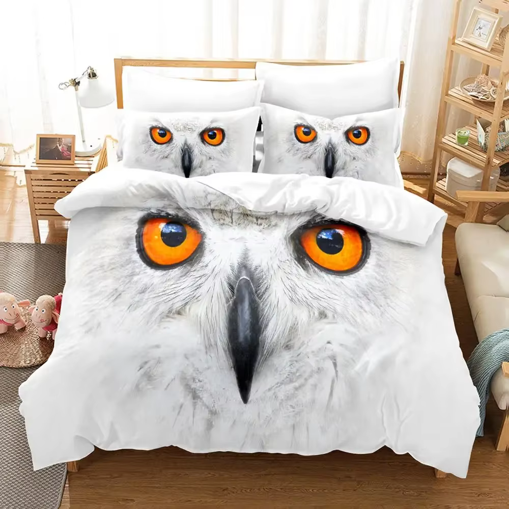 Ensemble de housse de couette hibou en microfibre, mignon, hibou blanc, housse de couette, oiseau, A