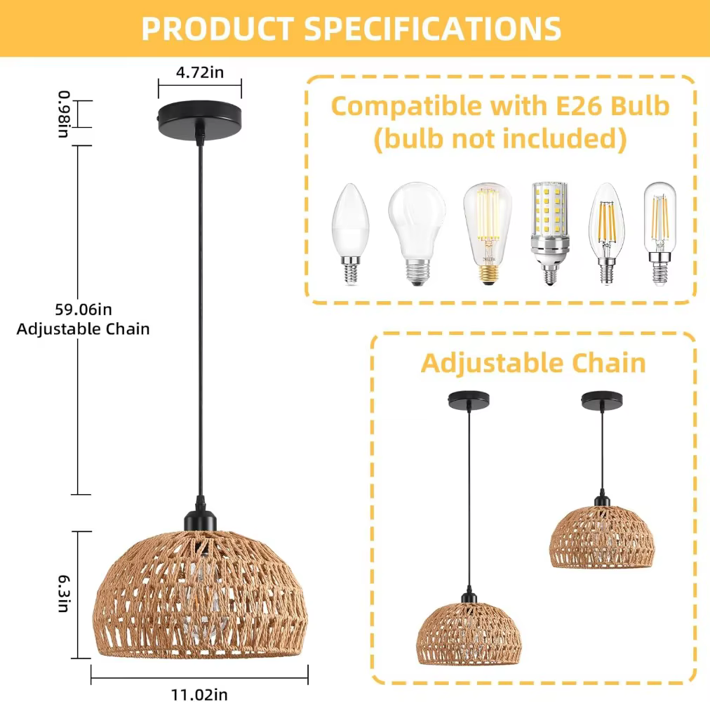Rotin Boho pendentif lustre tissé lampe suspendue luminaire pour cuisine île rustique ferme salle à