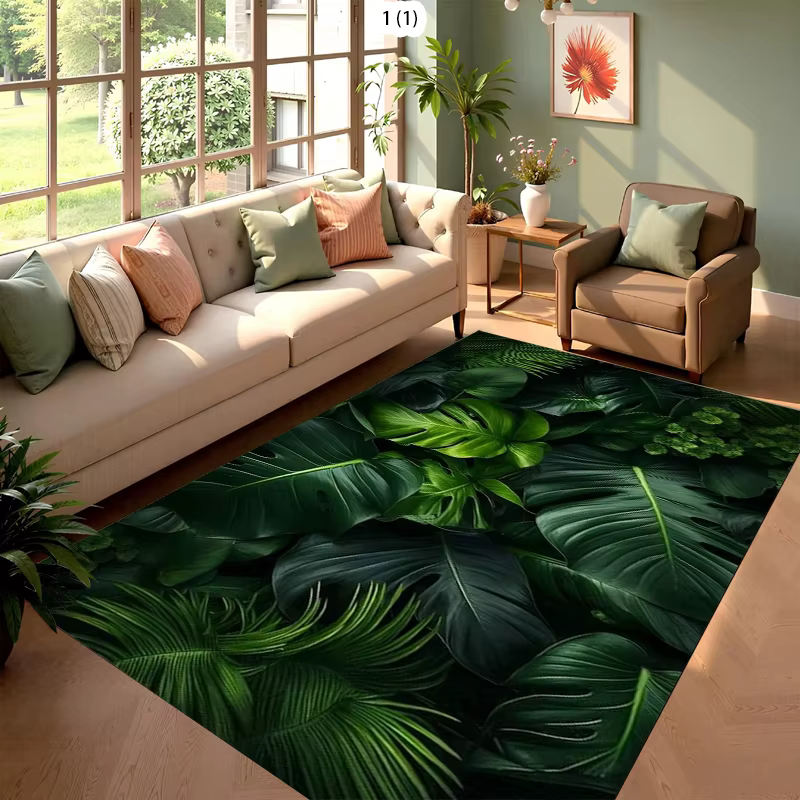 Tapis de salon style jungle tropicale, motif feuille de palmier et monstera, décoration moderne pour