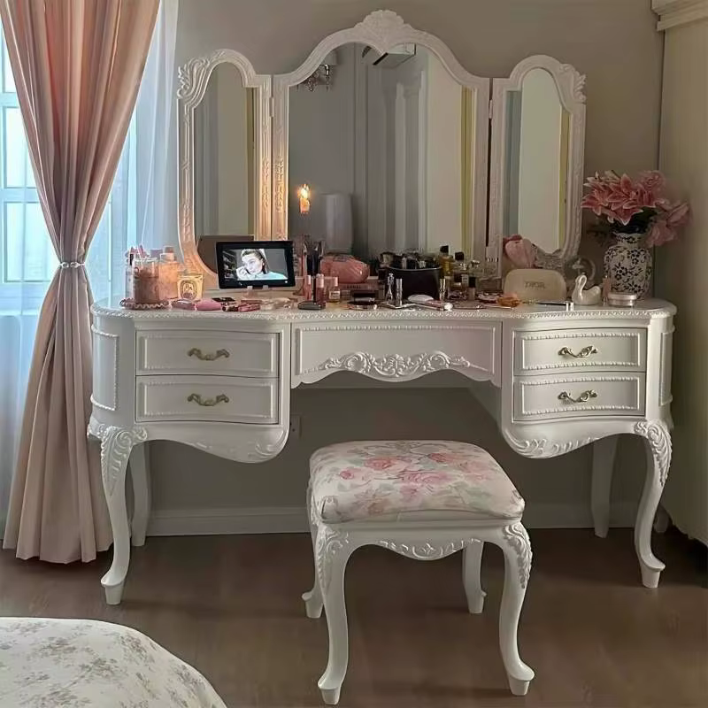 Table de toilette élégante et luxueuse, style européen, avec miroir dissimulé, moderne, blanche, gai