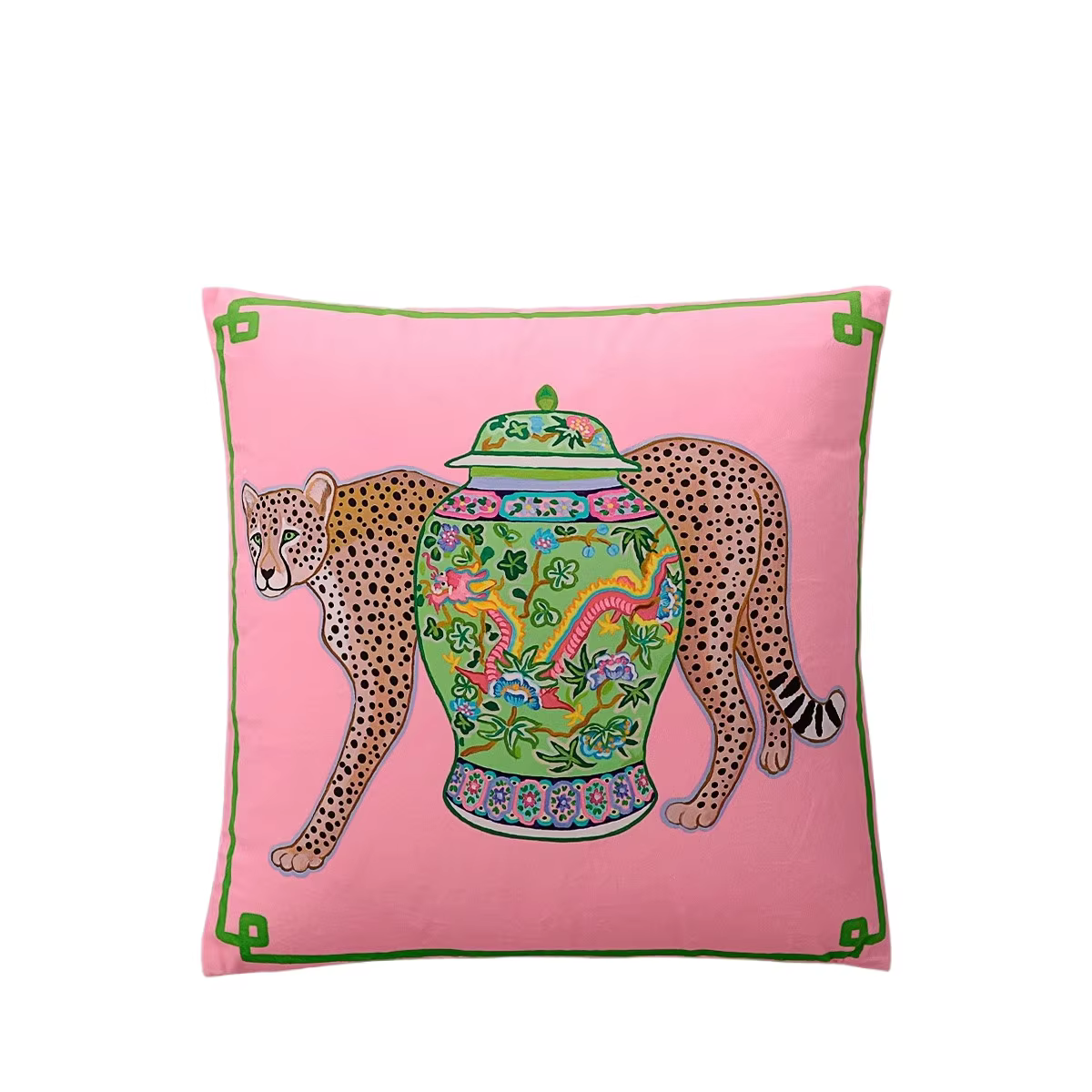 Housse de coussin Tigre inspirée de la chinoiserie preppy, motif guépard avec pot à gingembre, taie