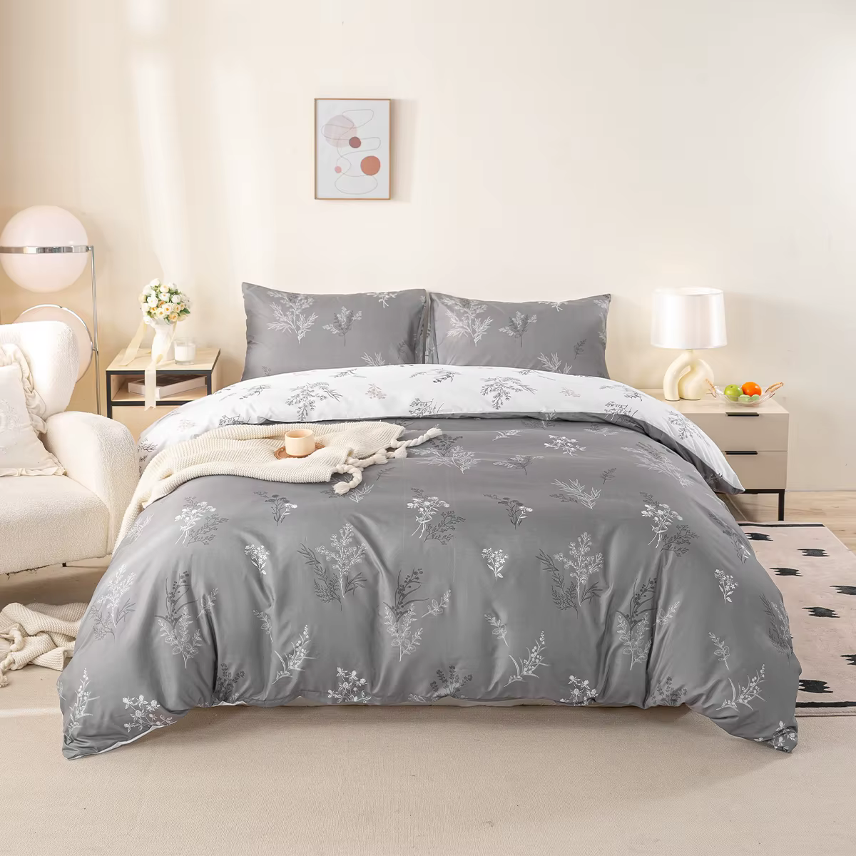 Ensemble de housse de couette à imprimé floral subtil, 3 pièces, doux et respirant, universel toutes