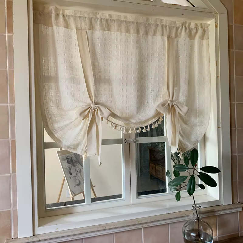 Demi-rideau en lin de style nordique, crochet beige, pour armoires de cuisine, café, petite tringle 