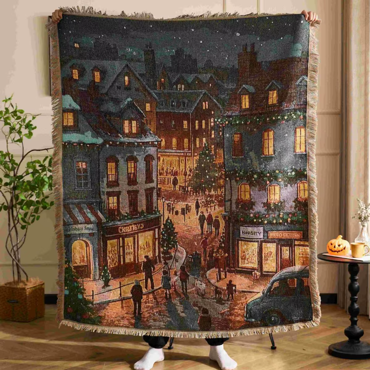 Couverture de scène de ville de noël en Textile, avec voitures et lumières de vacances Vintage de nu