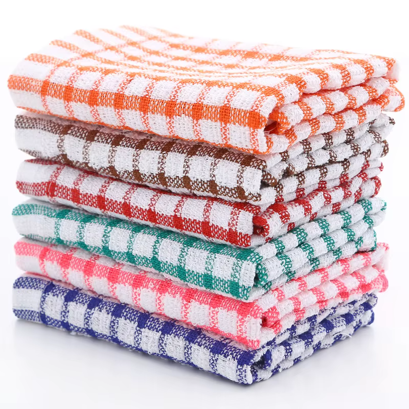 Serviette de Cuisine en Coton Absorbant, 6 Pièces, Jacquard à Carreaux