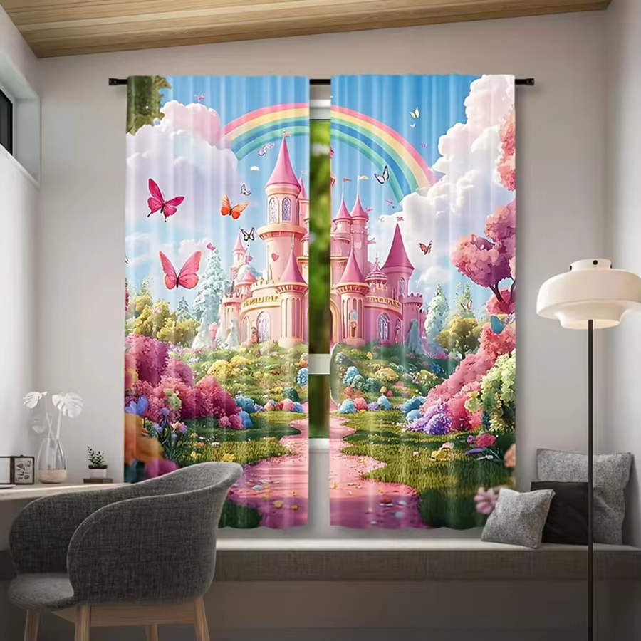 Rideaux multicolores à motif floral de château de conte de fées, arc-en-ciel, papillon, design à poc