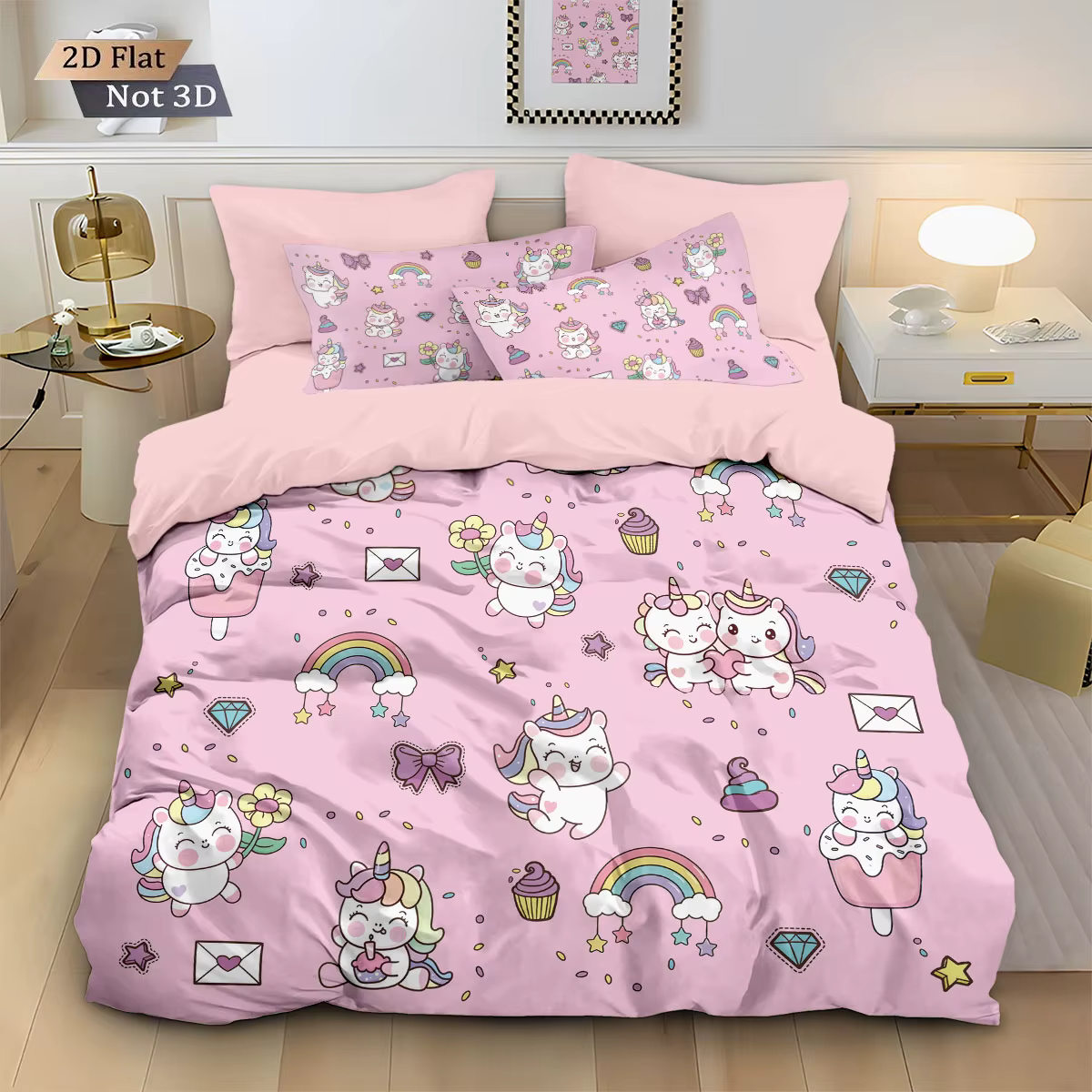 Ensemble de housse de couette sans noyau imprimé licorne mignonne de dessin animé, 3 pièces, plusieu