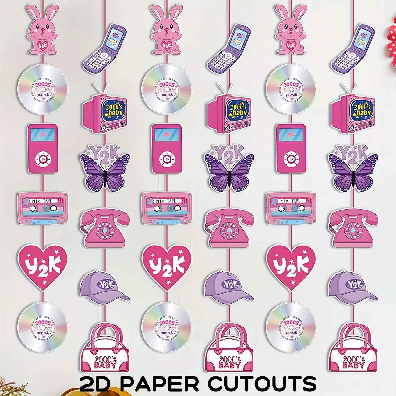 Décorations de fête Y2k, bannière en papier rose, décor suspendu des années 2000, découpe en papier 