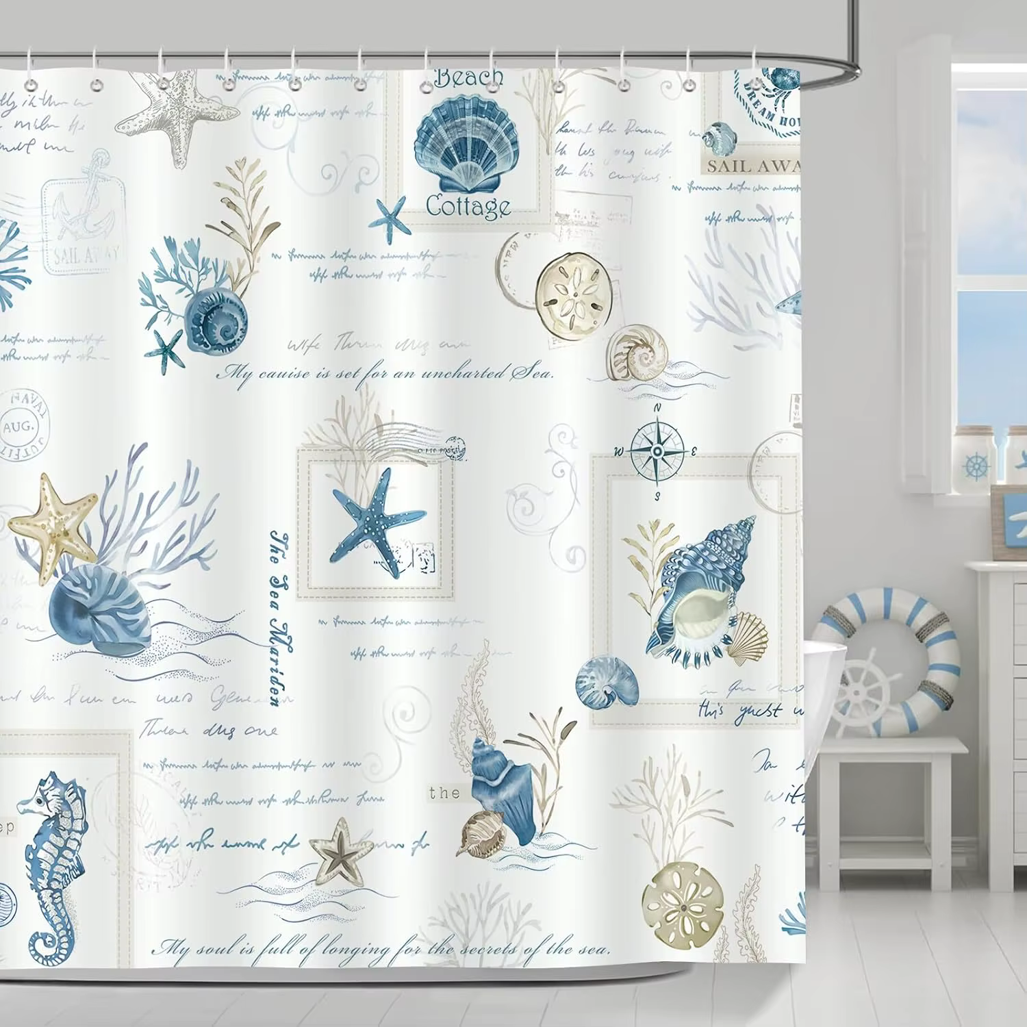 Rideau de douche coquille d'étoile de mer bleu côte nautique 180x180 cm rideau de douche lavable imp