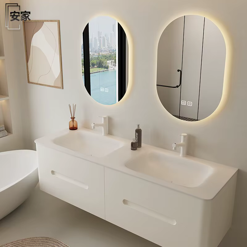 Ensemble de meuble-lavabo de salle de bain personnalisé avec double vasque intégrée en Corian Dupont
