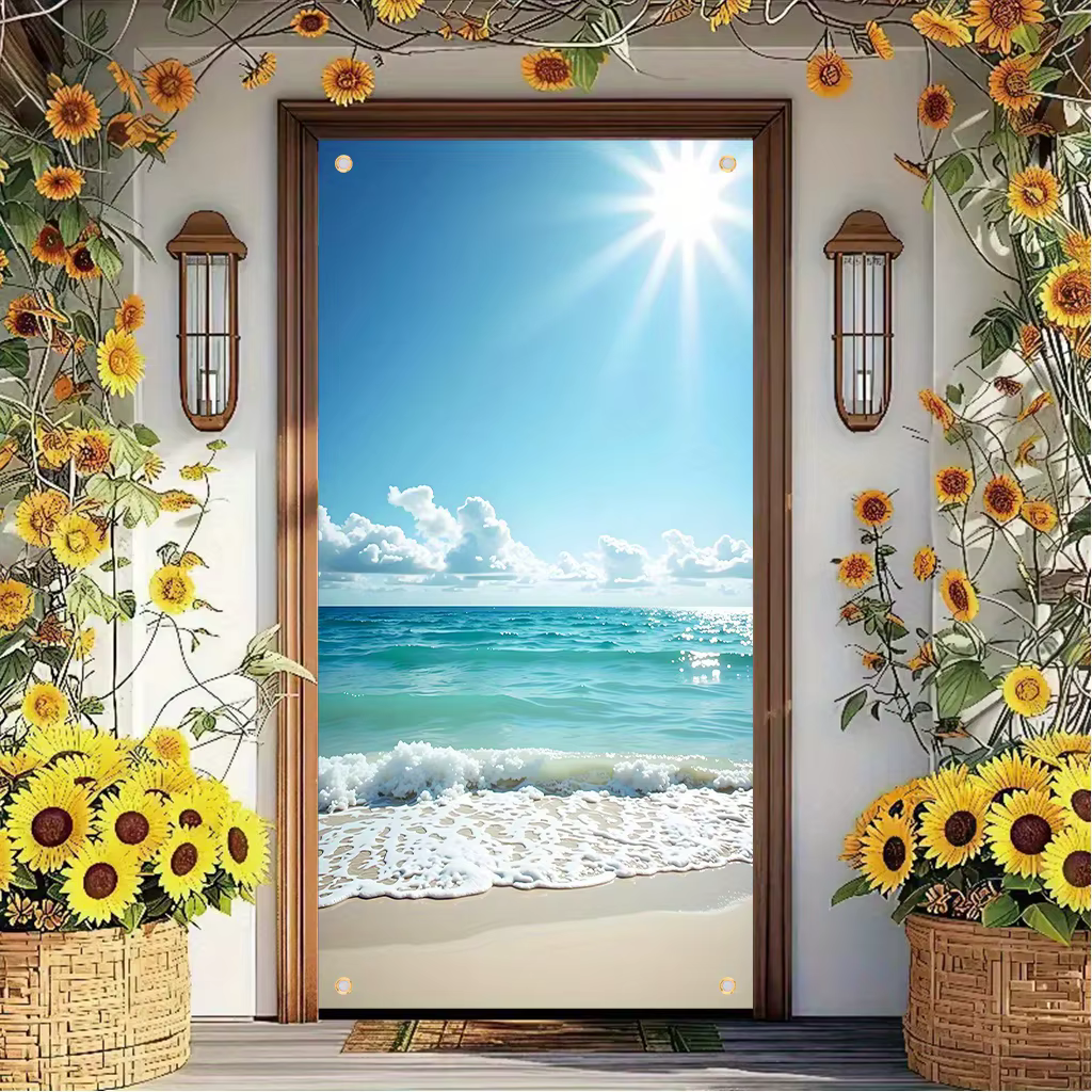 [2D Curtain] 1 pièce, représentant une scène de plage, remplie de lumière du soleil et de l'océan, e