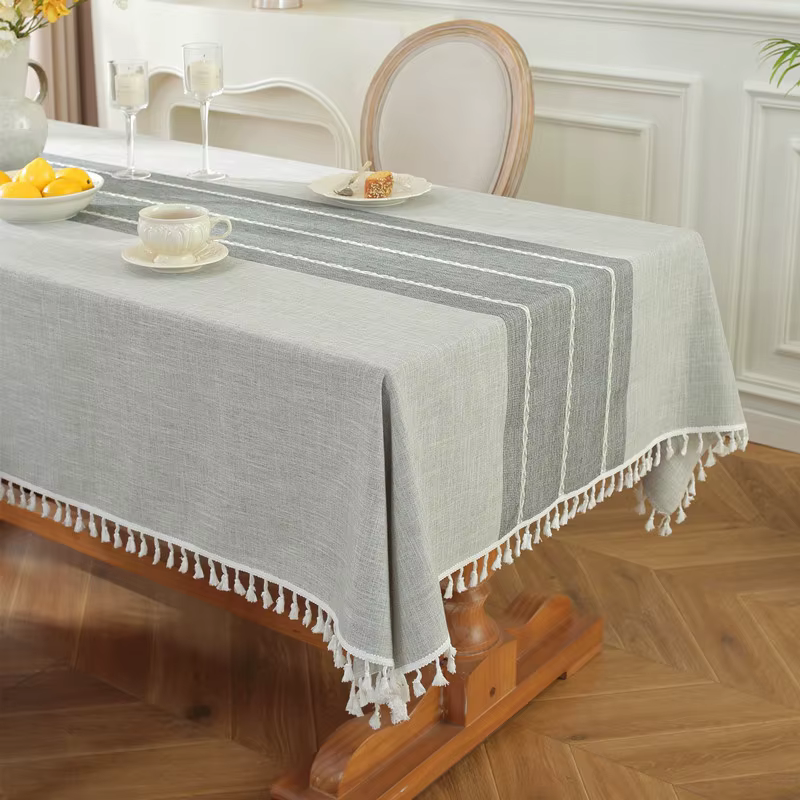 Nappe en coton et lin pour tables rectangulaires, nappe imperméable, tissu doux avec pompons