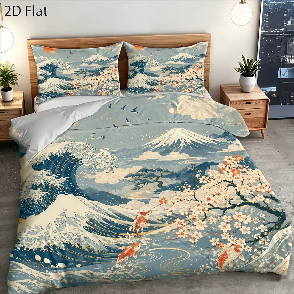 Ensemble de housse de couette 3 pièces style Ukiyo-E japonais, motif vague, fleurs de cerisier et ca