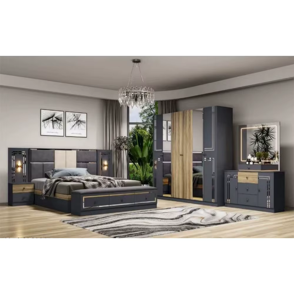 Lit double MANBAS – Ensemble de chambre à coucher de style turc de luxe avec matelas en latex, table