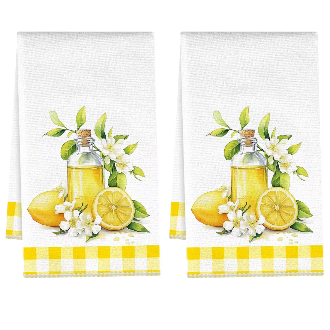 Lot de 2 torchons de cuisine imprimés fleurs de citron, serviettes absorbantes en tissu éponge polye