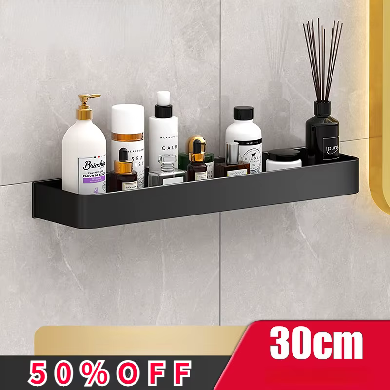 Étagère d'angle de salle de bain en aluminium, support de rangement mural de cuisine noir avec autoc
