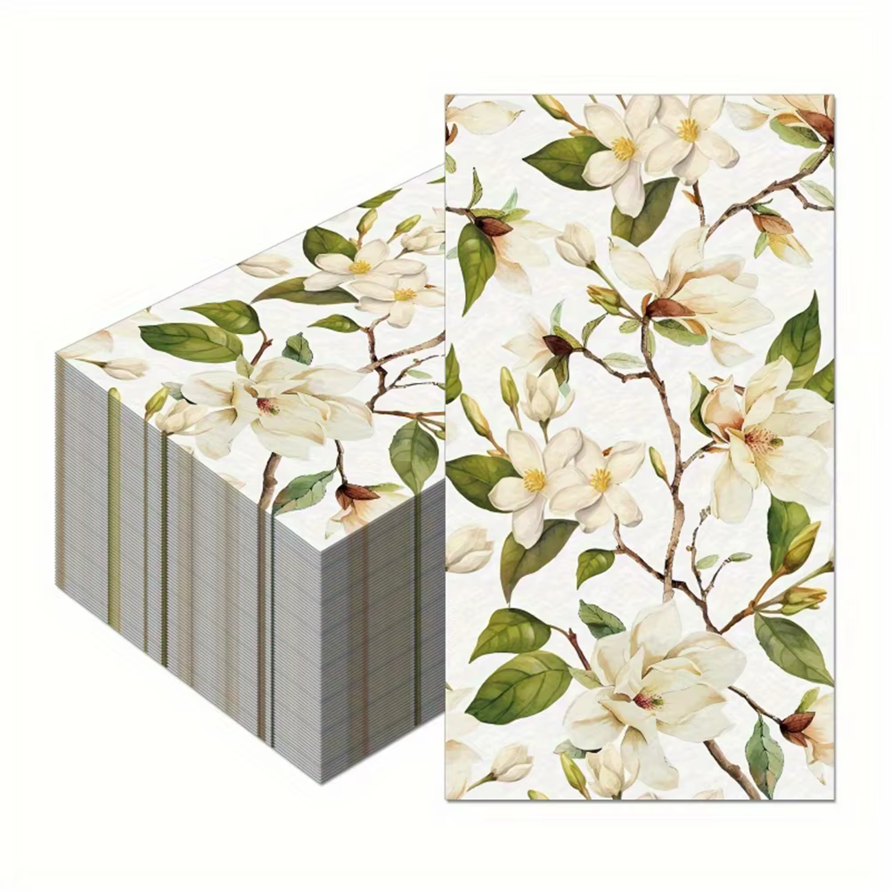Serviettes en papier jetables, 20 pièces, motif de fleurs de magnolia, serviettes pour invités, pour