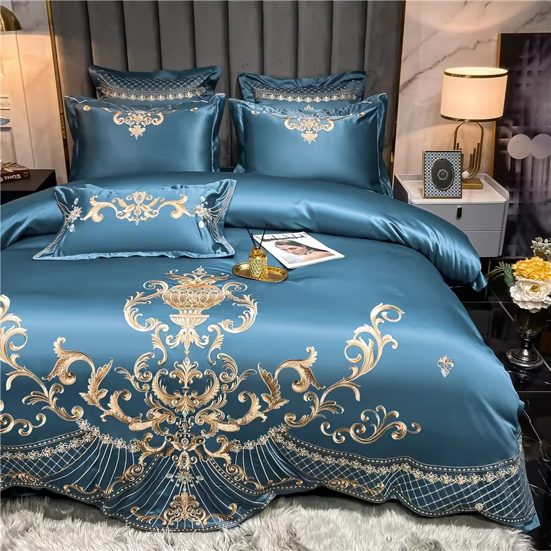 Parure de lit en coton égyptien, broderie dorée, Textiles de maison, ensemble de draps de couette Su