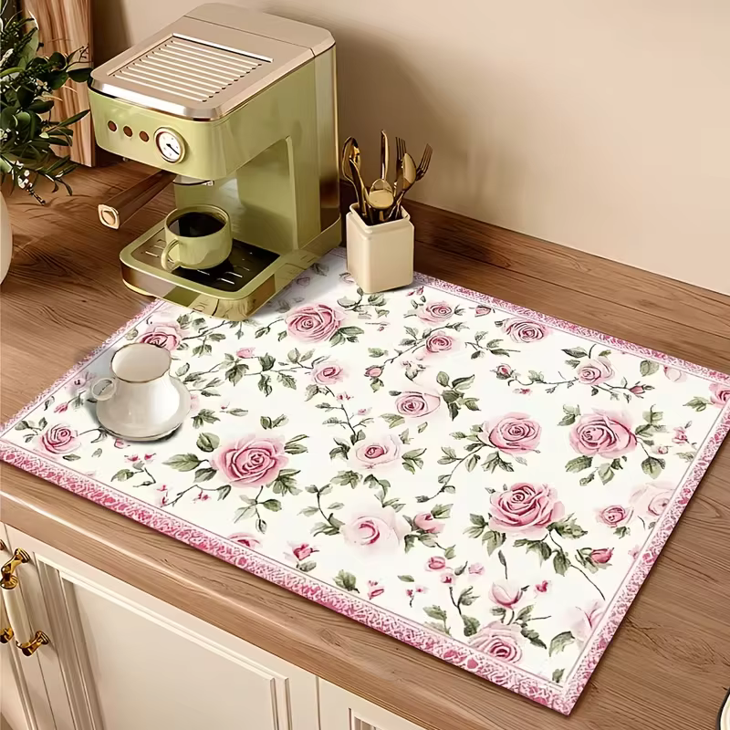 Tapis Floral blanc à motif de feuilles vertes, Rose Rose, pour comptoir de cuisine, Tables basses, s