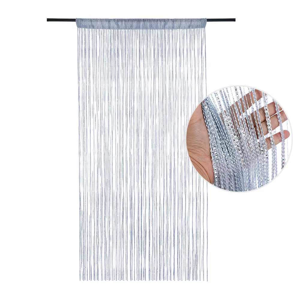 Valance de rideau en ficelle argentée, rideaux de ligne de gland brillant, décor de porte de fenêtre