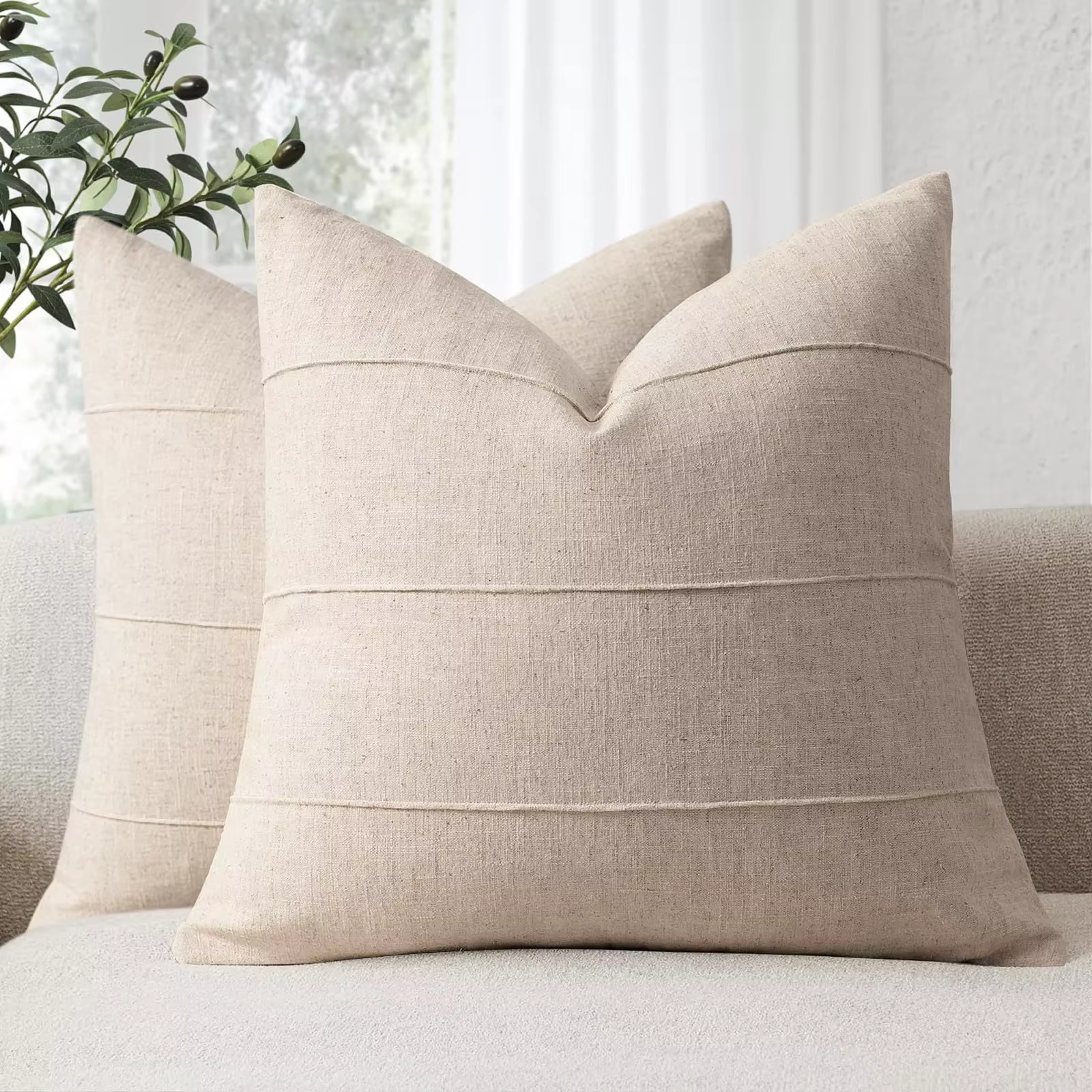 Housses de coussin décoratives en lin pour l'automne, lot de 2, unies et rayées, faites à la main, p