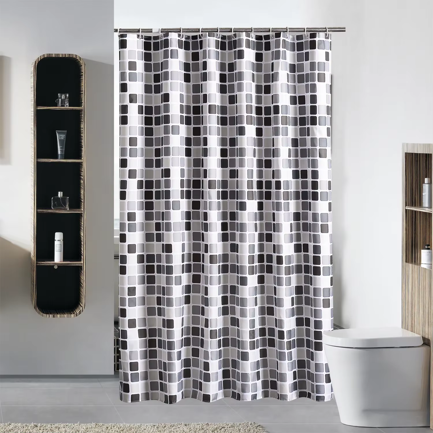 Rideaux de douche 120 cm gris à carreaux en tissu polyester avec crochets, imperméables, style moder