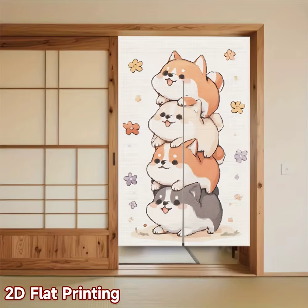 VIKAMA Rideau demi-porte mignon avec motif Shiba Inu superposé, séparateur de pièce lavable avec imp