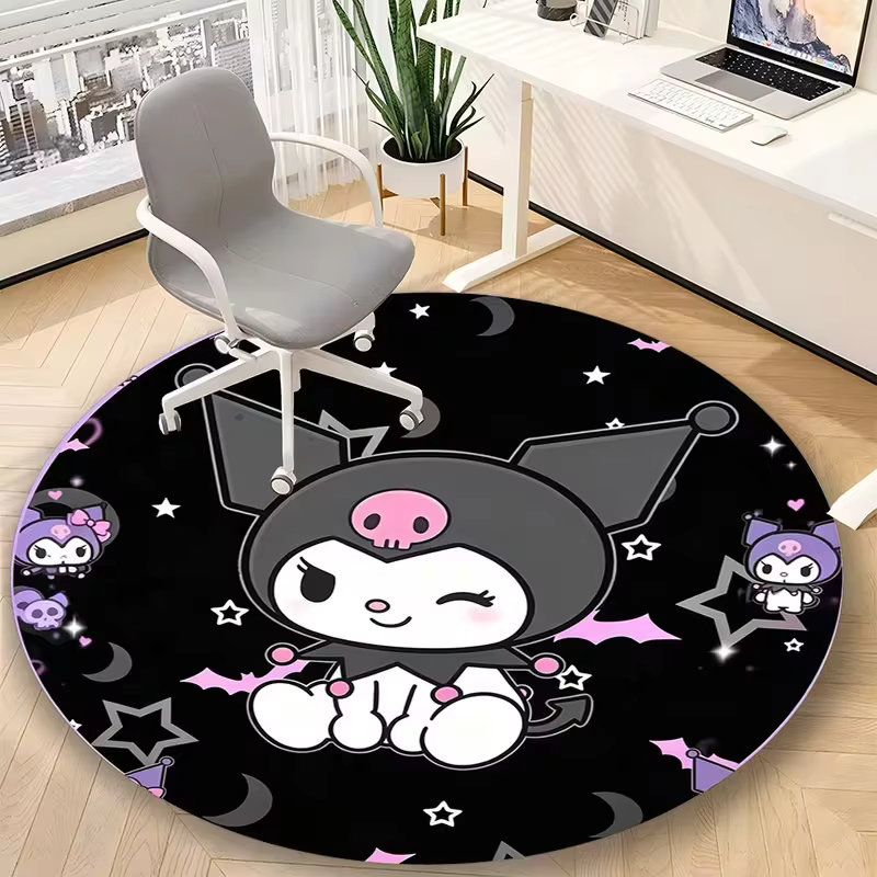 Tapis rond antidérapant doux et mignon Kuromi noir étoile lune chauve-souris crâne, tapis décoratif 