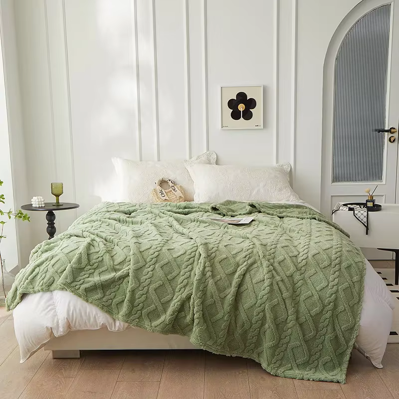 Couverture en laine d'agneau taffetas épaisse double face vert sauge pour l'hiver, couverture simple