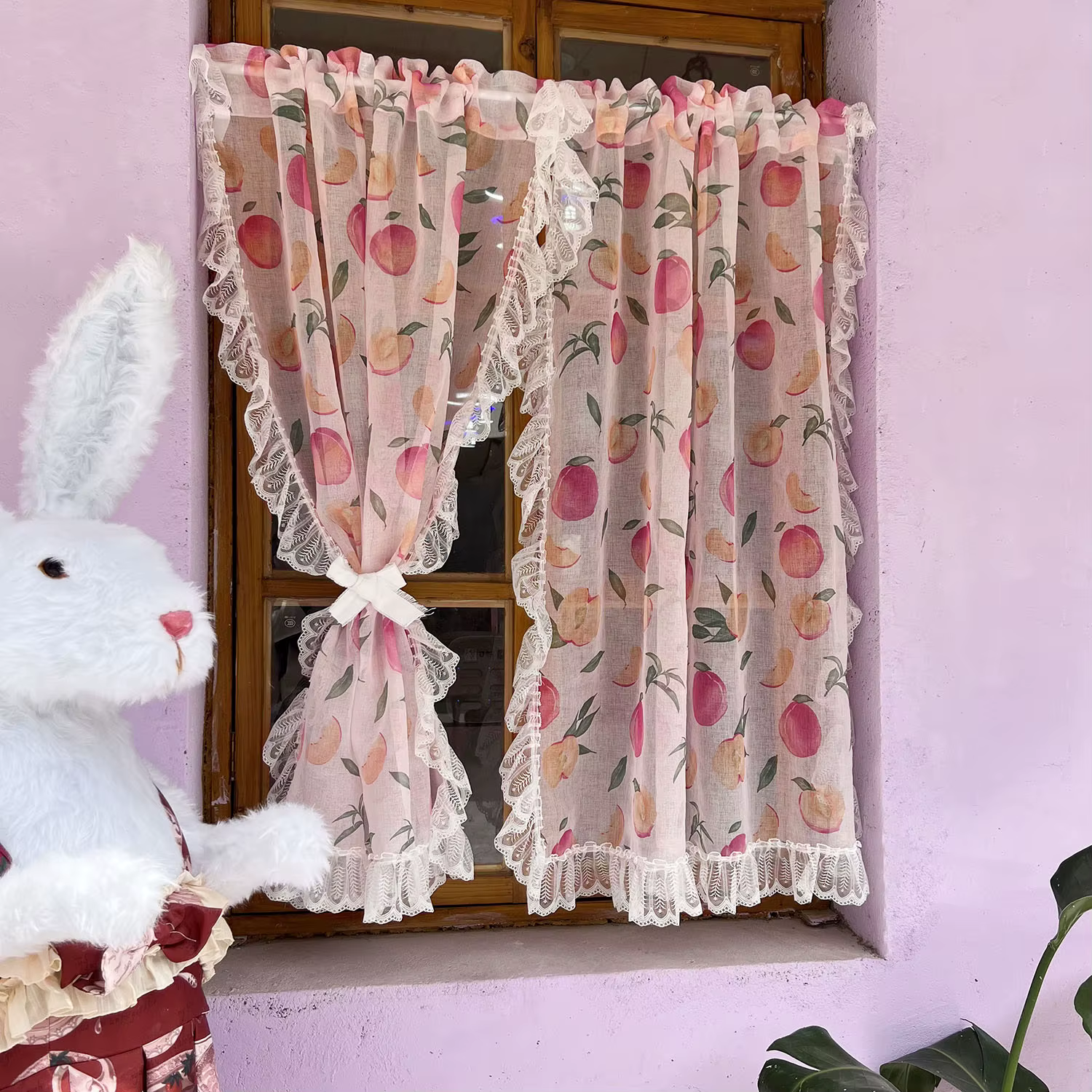 Rideaux courts à 1 panneau avec motif de lin rose pêche, mignons, rideaux de cuisine imprimés de fru
