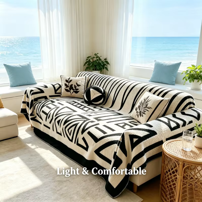 Plaid de canapé bohème noir et blanc 180x230cm, couverture en peluche douce antidérapante, tapis déc