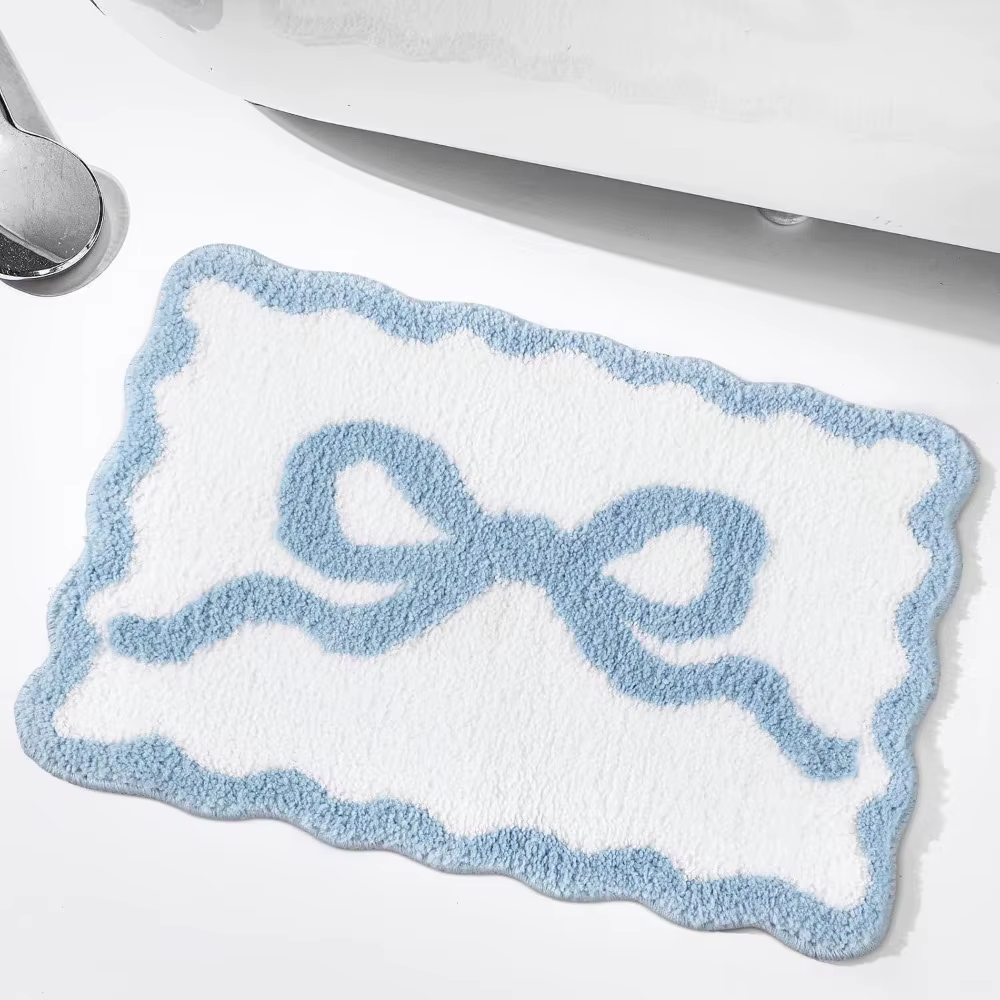 Tapis de salle de bain avec nœud rose et bleu, Coquette, décor d'arc esthétique, mignon, festonné Pr