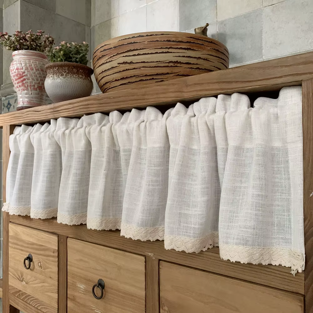 Rideaux courts de style nordique pour cuisine, en coton et lin, avec ourlet en dentelle, demi-voilag