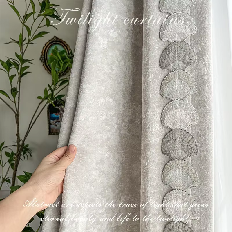 Rideaux en chenille brodés français, beige crème romantique, salon, chambre à coucher, salle à mange