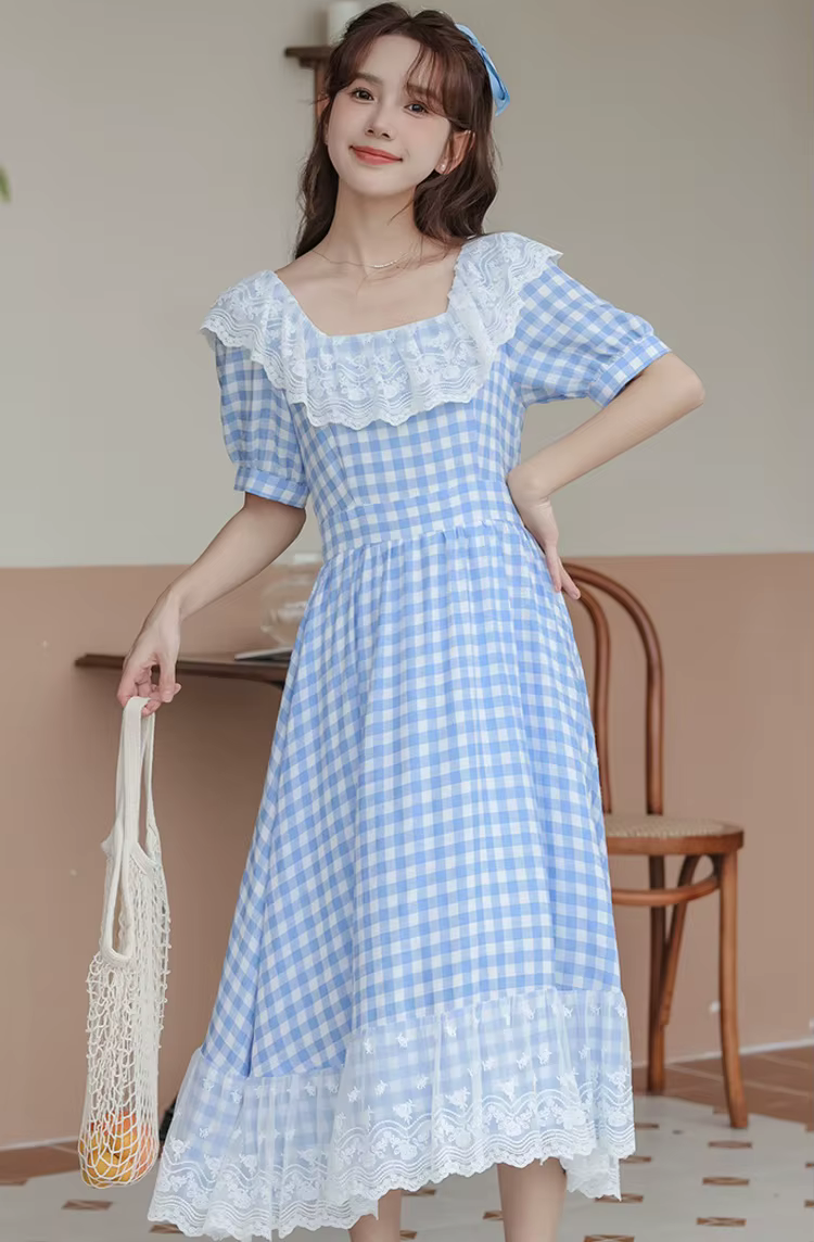 Robe d'été à carreaux bleu blanc pour filles, Vintage, dentelle, col carré, manches bouffantes, robe